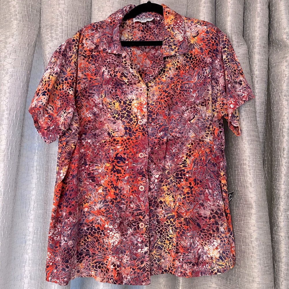 Mad Gringo tie dye abstract orange purple button front camp Hawaiian shirt M